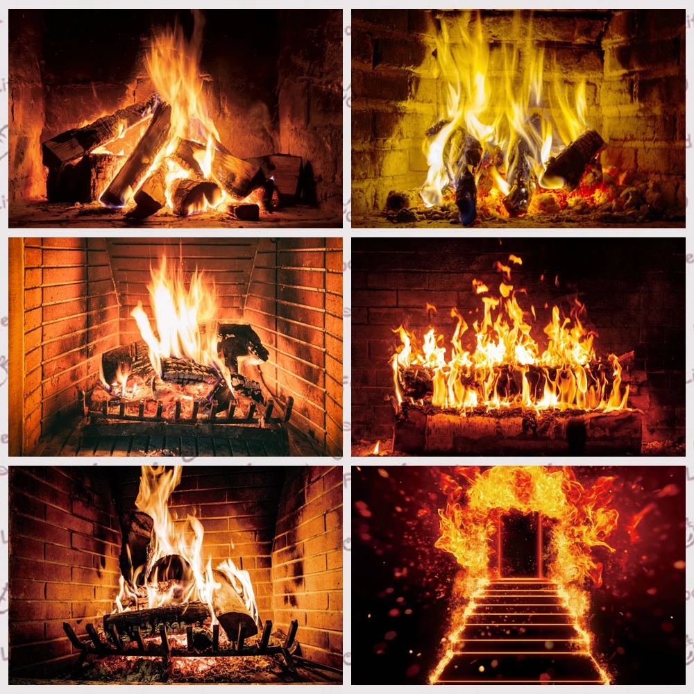 Burning Flame Photography Backdrop Winter Christmas Brick Fireplace Wood Fire Wallpaper Adults Baby Portrait Photo Background