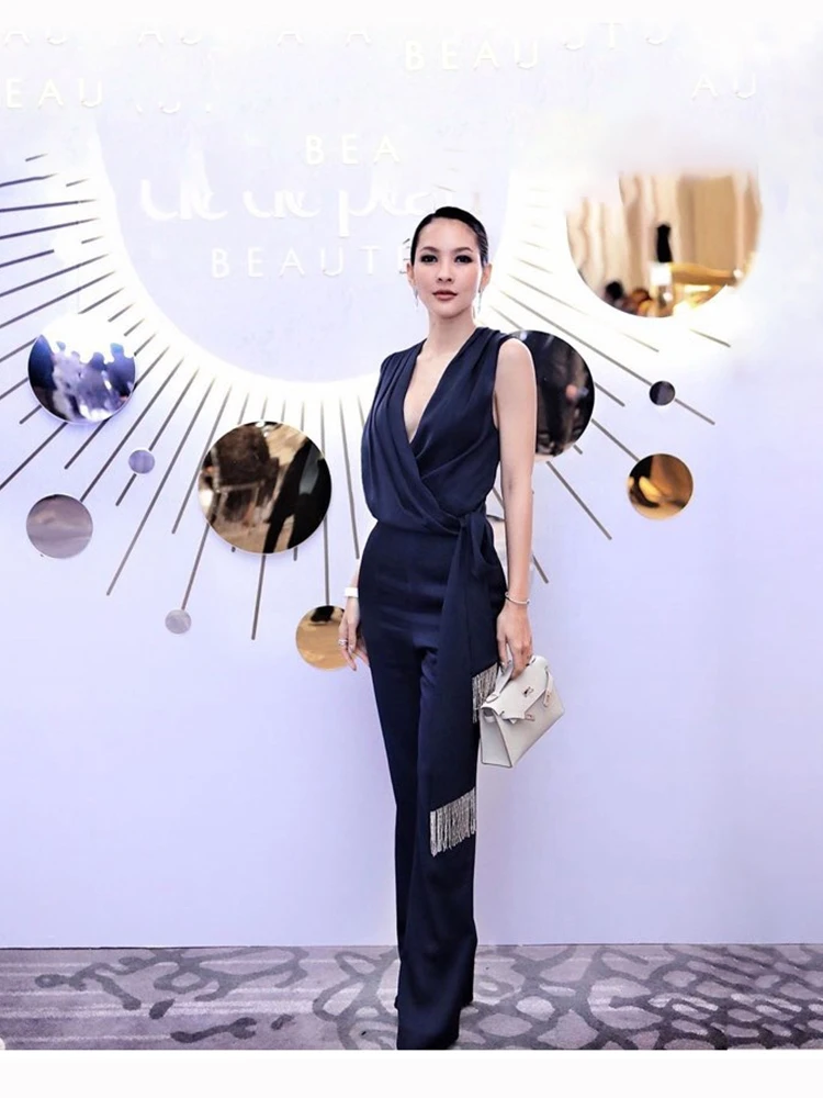 Combinaison pantalon large taille haute Ele pour femmes Printemps Été Sensation de luxe Féminine Qualité Robe de soirée Combinaison une pièce