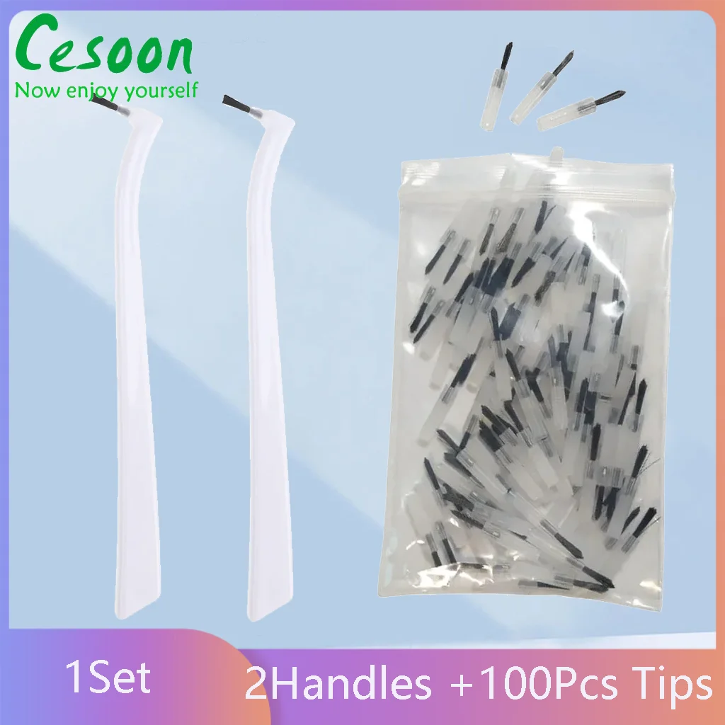 Cesoon 100Pcs Dental Replaceable Applicator Tips With 2 Applicator Brush Handles for Etchants Adhesives Sealants Disposable Tip