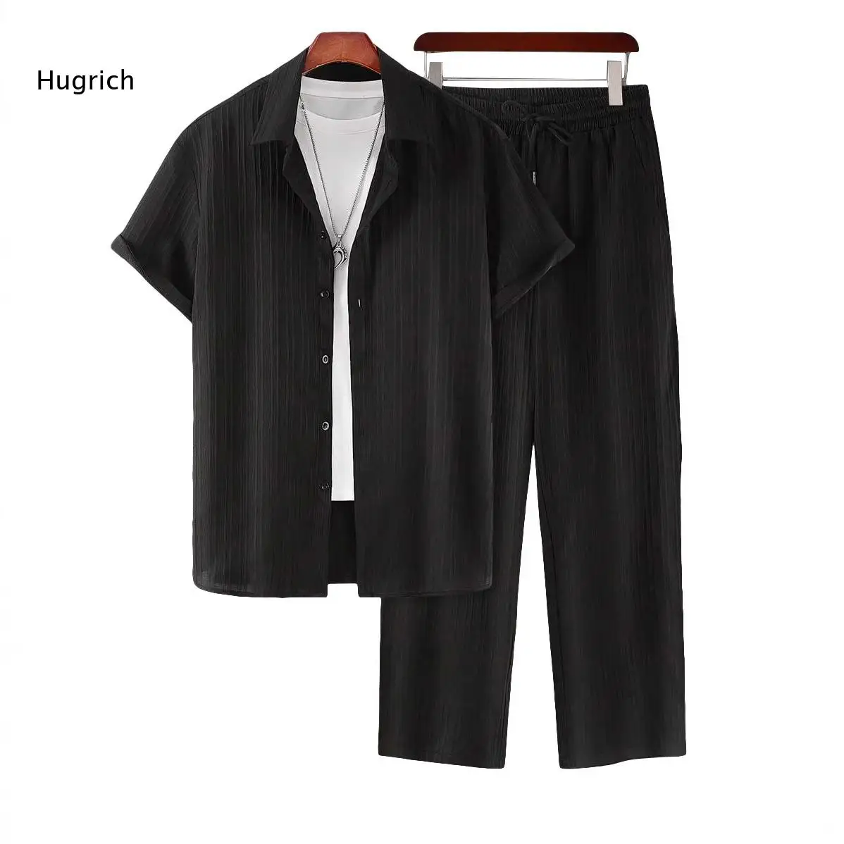 Men Summer Shirt Pant Set Turn Down Collar Short Sleeve Top And Drawstring Elastic Waist Long Pants With Side Pockets