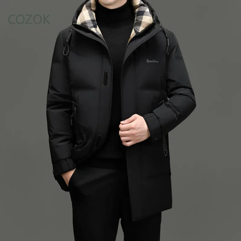 Men's Down Jacket Milk Silk Hooded Warm Winter 2025 Designer Clothes Long Sleeve Male Coat Clothing