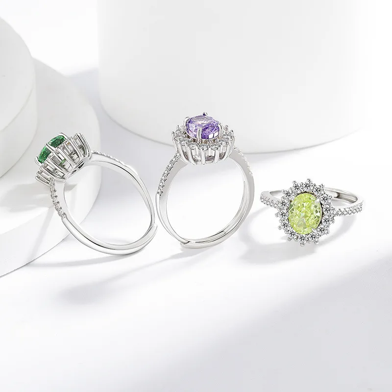 925 Sterling Silber Mode Luxus-Ring mit Eisblumen-Schliff, Taubenei-Sonnenblumen-Kristall und Zirkon für Damen, Schmuckgeschenk – Detail 7