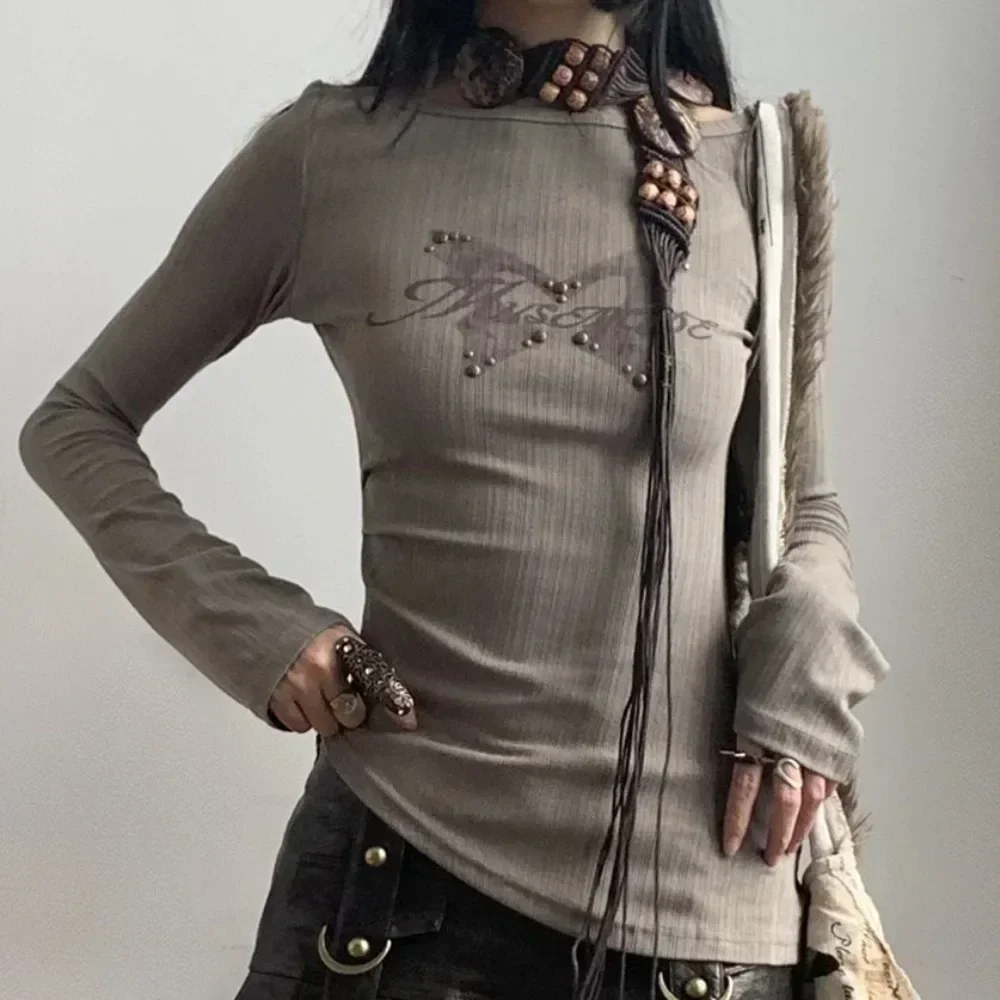 

Autumn New Off Shoulder Long Sleeves Trendy Rivet Y2k Aesthetic Women T-shirt Gothic High Street Hottie Slim Fit Bottoming Shirt