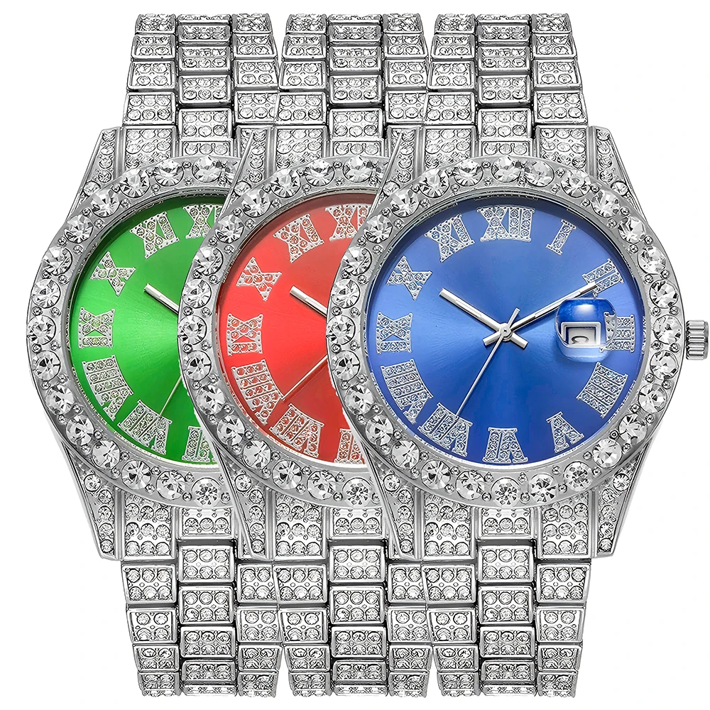 2-teiliges Hip-Hop-Punk-Uhrenset mit Diamantbesatz, runde Luxus-Herrenuhr, glänzendes Schmuckgeschenk mit Armbandversteller für Damen, Alltagskleidung – Detail 13