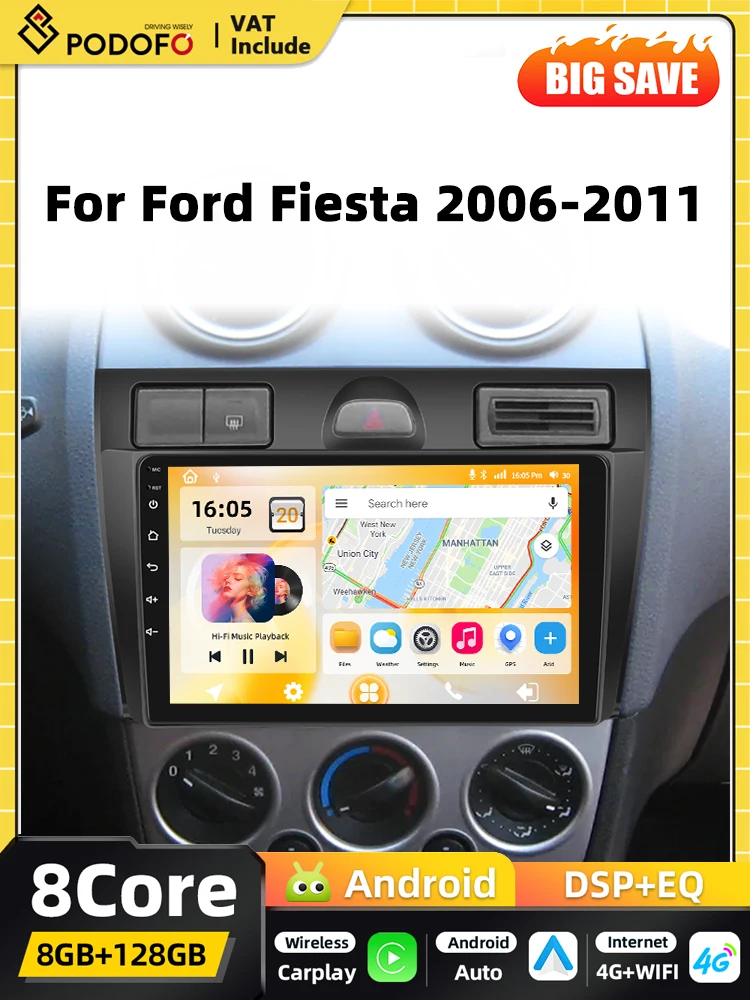 Podofo 8+128G 2din Android Autoradio Multimedia-Player für Ford Fiesta 2006-2011 Carplay Autoradio GPS-Navigation Android Auto WIFI DSP FM-Empfänger RDS