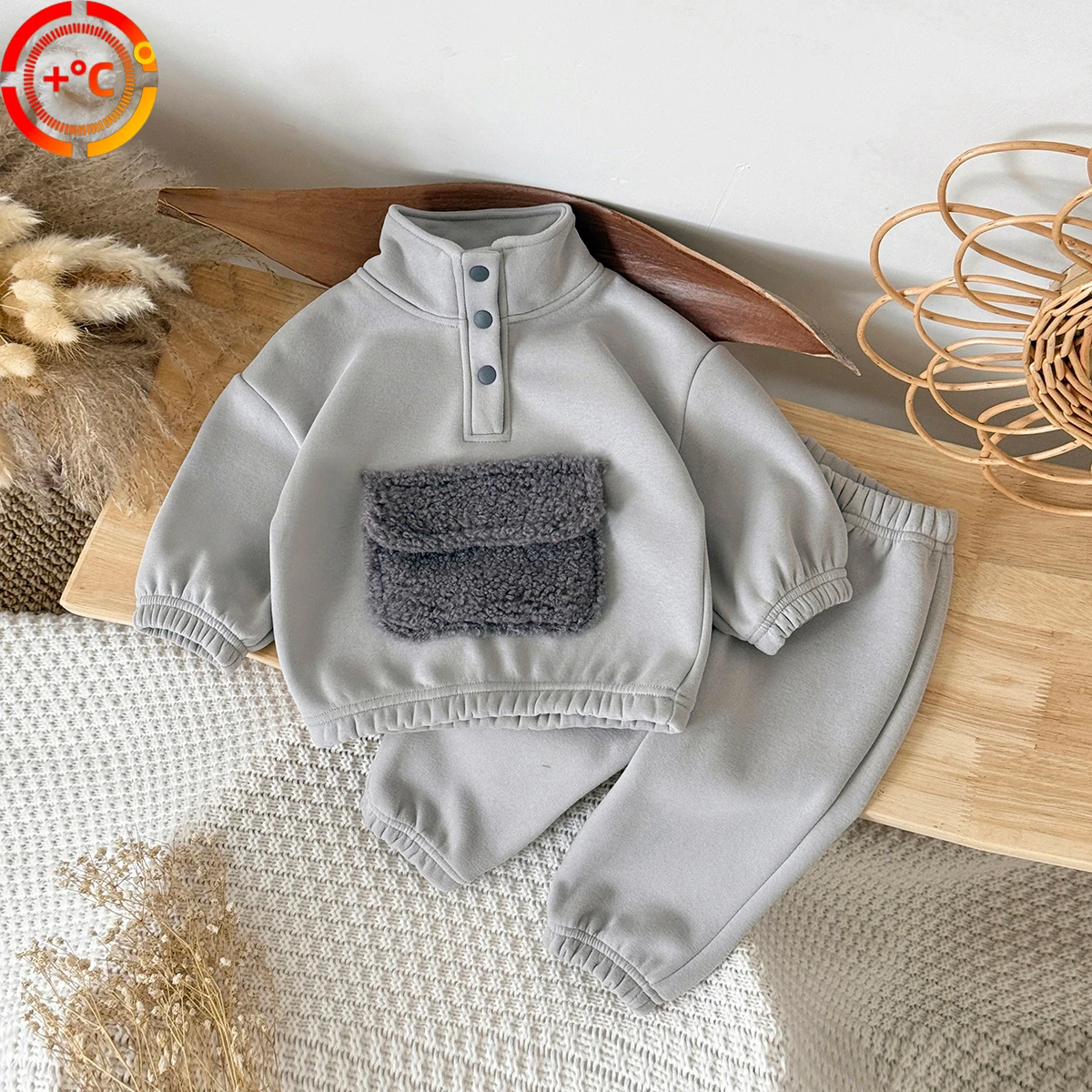 

Baby Boys High Neck Plush Pocket Button Thick Pullover Shirt+ Gray Pants Two Piece Set Fall Winter Warm Clothing
