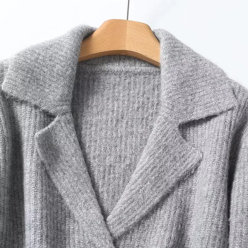 Maxdutti Fashion Women\'s WInter French Grey Autumn Sweaters Knitted Coat Vintage Elegant Double breasted Suit Collar Cardigan