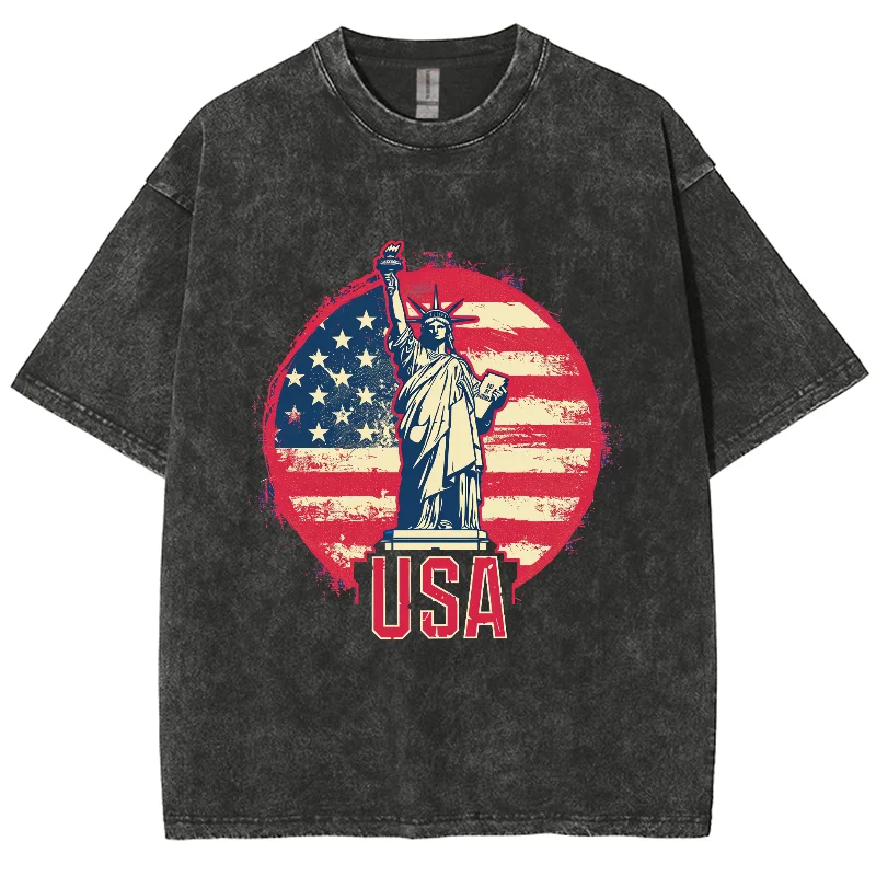 USA American Statue Of Liberty Women's T-Shirt Loose Wash Oversized Short Sleeve Summer 2024 Fashion Simple Top