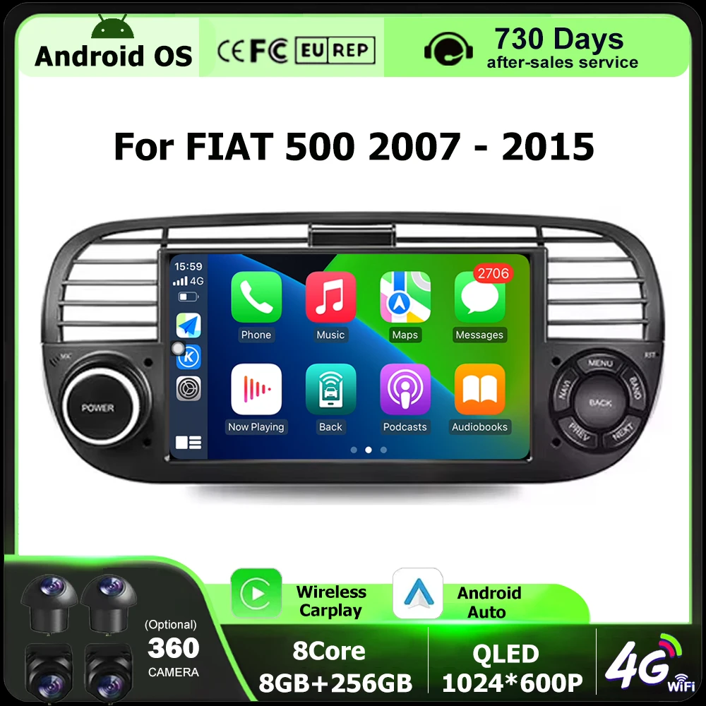

7" For FIAT 500 2007 - 2015 Android Auto Carplay Car Radio Stereo Multimedia Player 4G Wifi BT 360 Camera DSP GPS Navigation