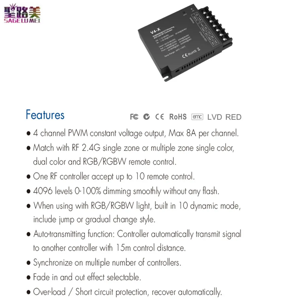 

V4-X CCT/RGB/RGBW 2.4G RF Led CV Controller 4CH*8A/5A DC12-48V 4Channel PWM Dimming for Single Color CCT RGB RGBW Led Lamp Strip