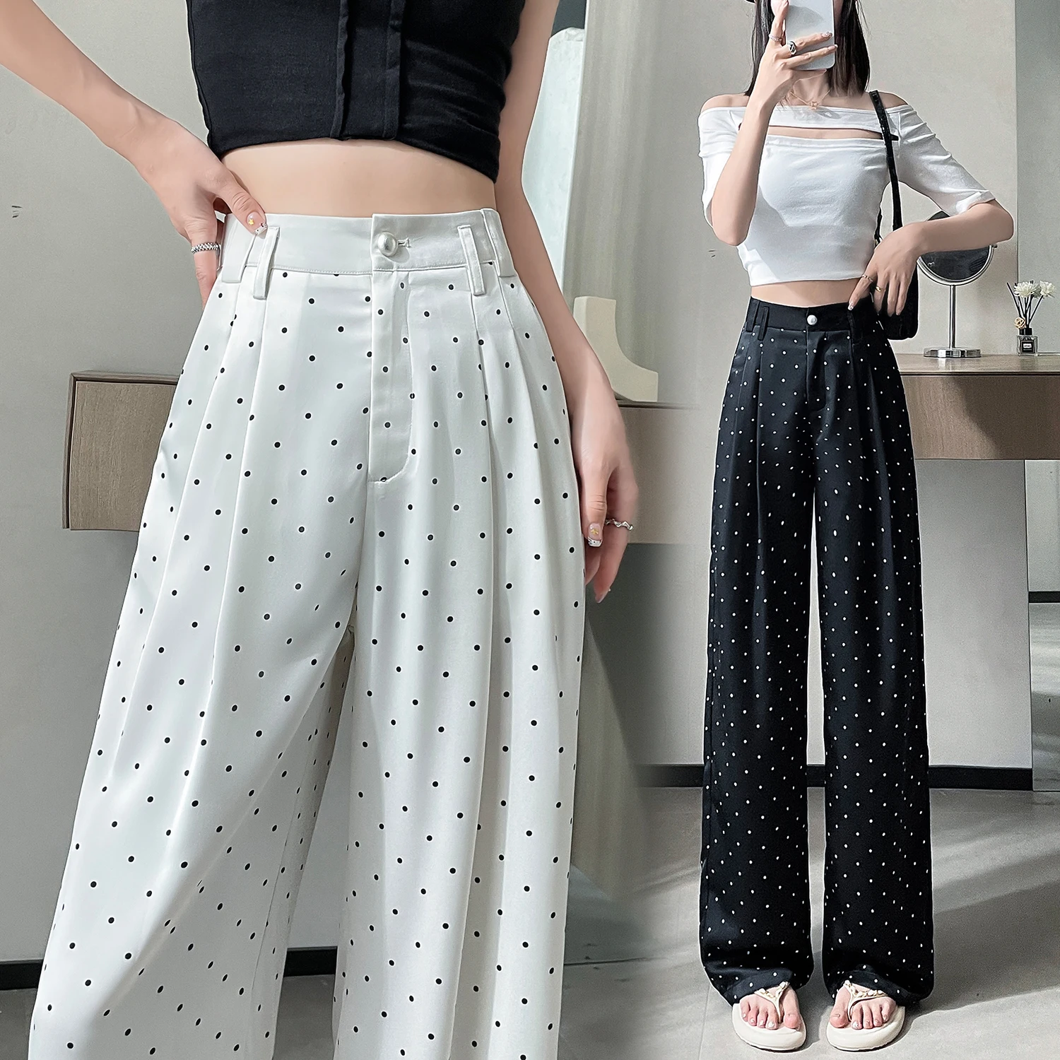 Polka Dot Stain High Waist Suit Wide Leg Women\'s Full Pants 2024 New Summer Female Elegant Straight Loose Trousers Autumn