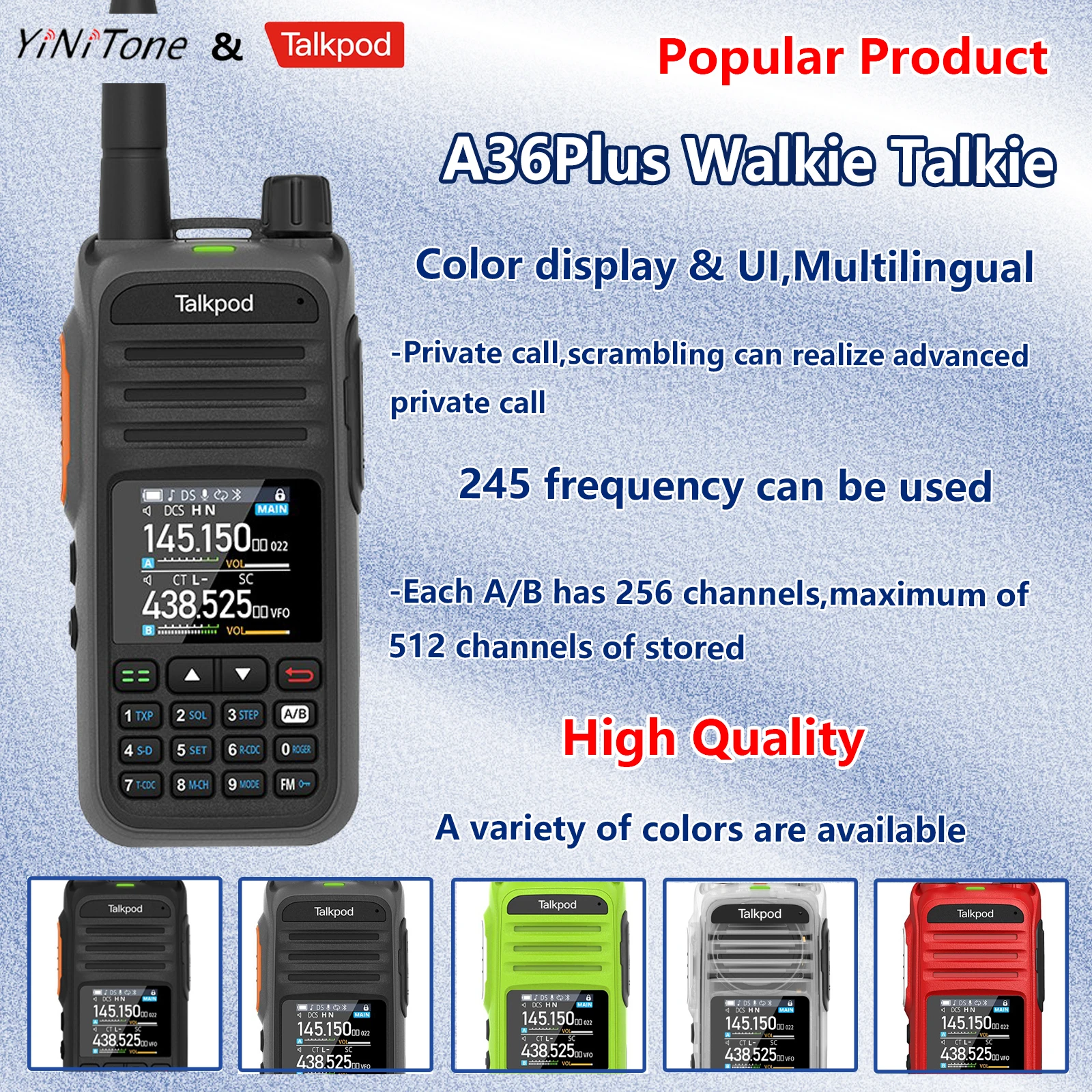 

A36plus 245 UHF/VHF/AM/FM Multi-Band Portable Two Way Radio Multi-Function Transceivers with Color Display Type-C phone