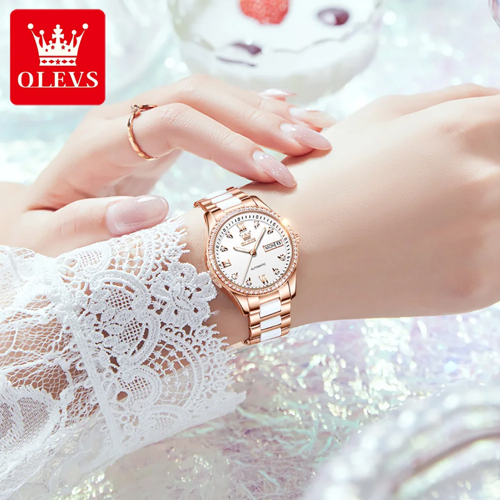 OLEVS Automatic Mechanical Watch for Women Top Brand Luxury Diamond Dial Elegant Ceramics Watchband Ladies Dress Wristwatch 6637