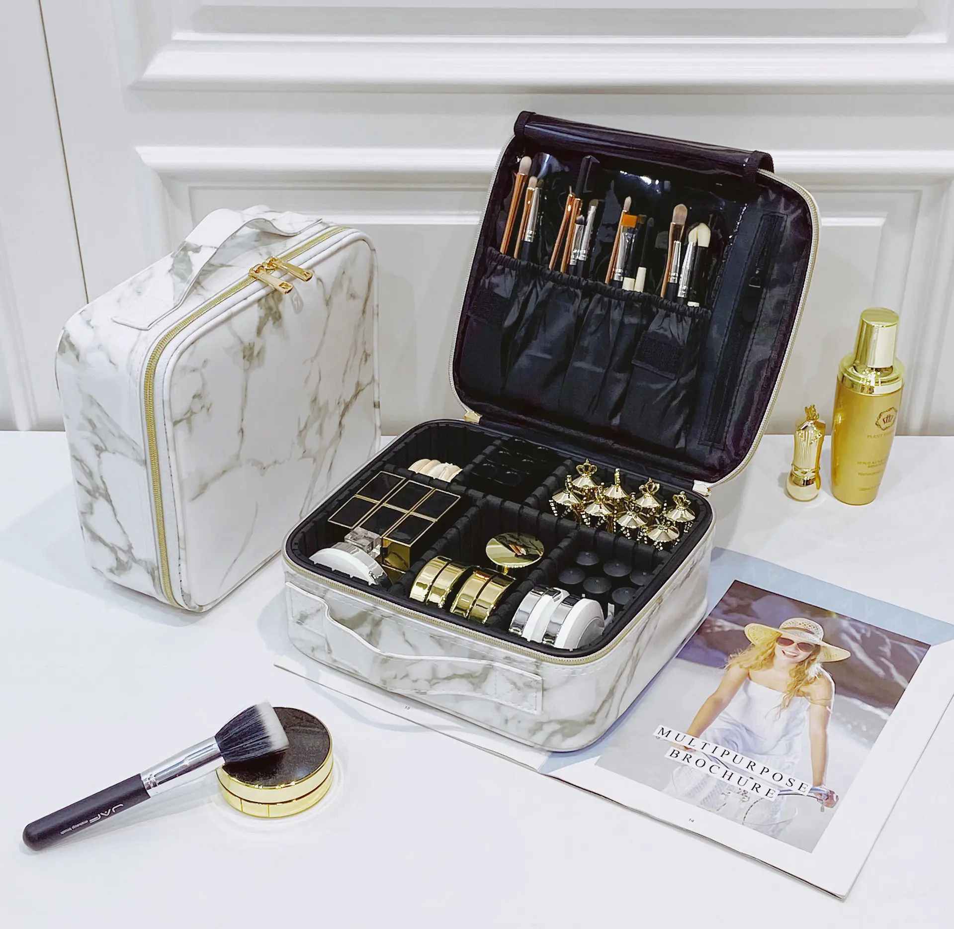 

Marble Pattern Waterproof PU Cosmetic Storage Bag Travel & Desktop Organizer Toiletry Ba Professional Handheld Makeup Bag