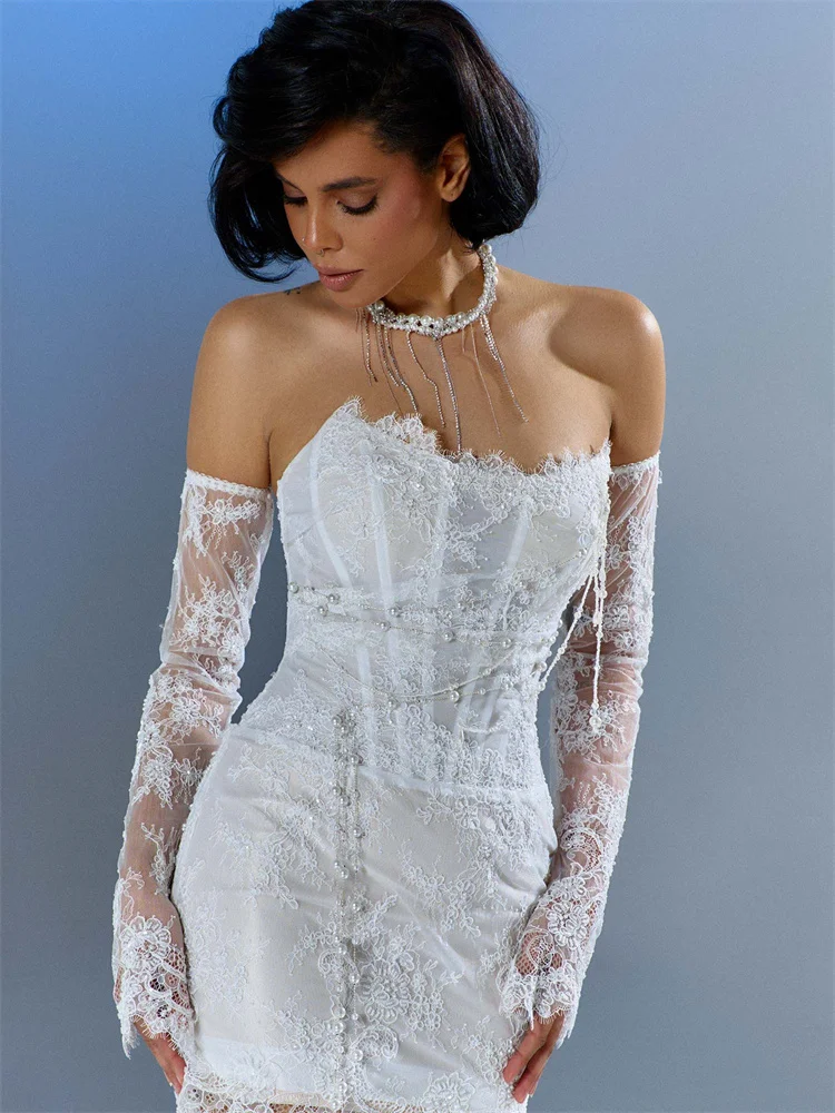 Aangepaste afneembare mouwen boothals kant schede mijn trouwjurk sexy rits terug prachtige stickers korte jurk voor bruid