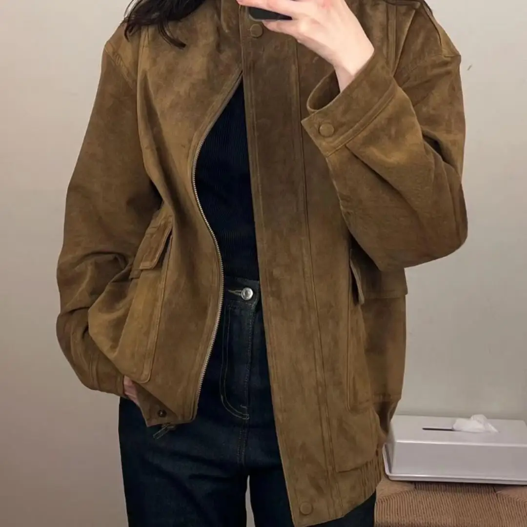 

Monoha Retro American Suede Leather Jaet Motorcycle Coat Street Sle Straight Cut Regular Length Collar Outerwear