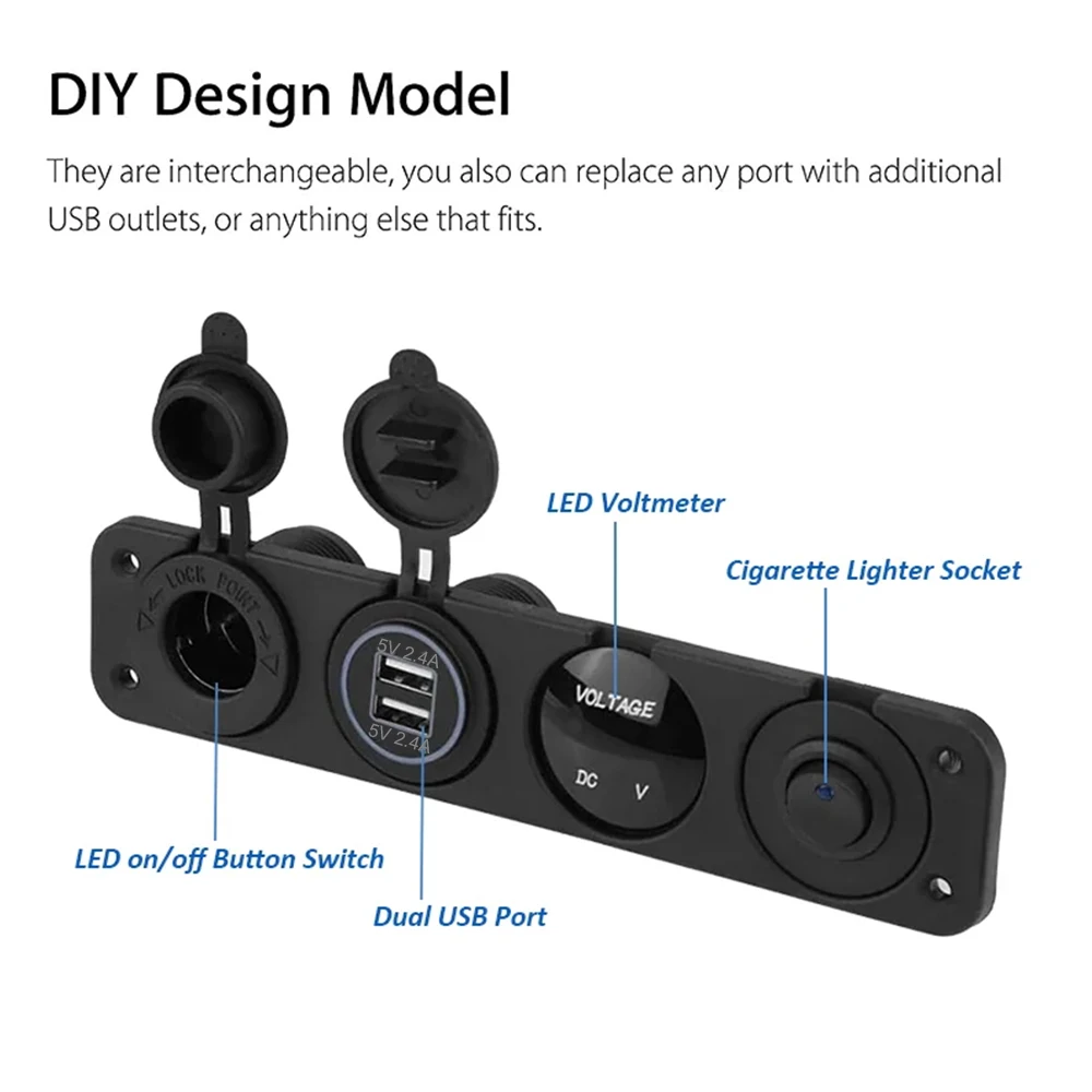 4 in 1 ON/OFF Charger Socket Panel Dual USB Socket Power Outlet & LED Voltmeter &Cigarette Lighter Socket LED Switch