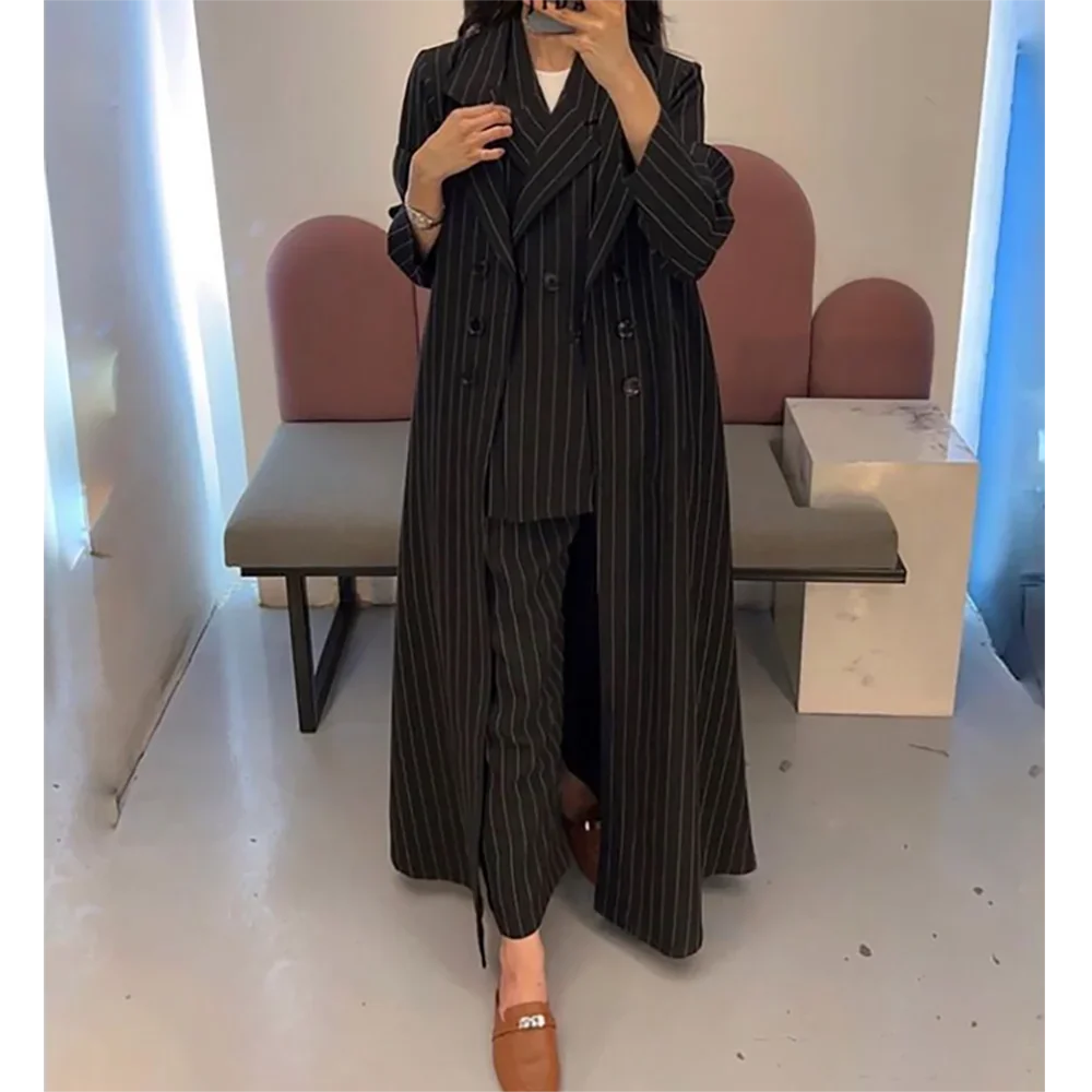 Fashion Black Stripe Double Breasted Women Long Jacket Elegant Female Daily Coat Formal Ankle Length Dress Abaya