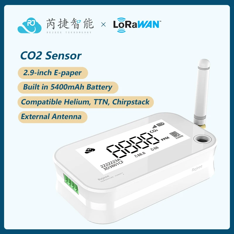 

Rejeee LoRaWAN CO2 Sensor with 2.9-inch E-paper, Built in 5400mAh Battery, External Antenna, Compatible with TTN, Helium