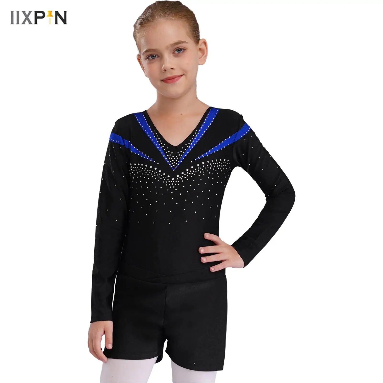 

2Pcs Kids Girls Gymnastics Leotards Long Sleeve Shiny Rhinestones Contrast Color Bodysuit+Shorts for Performace Ballet Dancewear