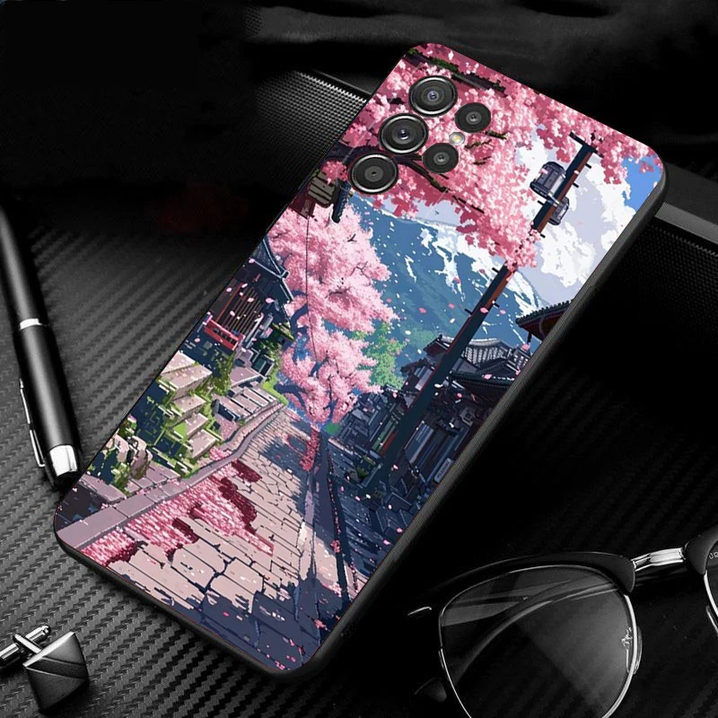 Japanese Landscape Cherry Flower Phone Case For Samsung S25 S24 S23 S22 S21 Ultra S24 S23 S22 S21 Plus S24 S21 S20 FE