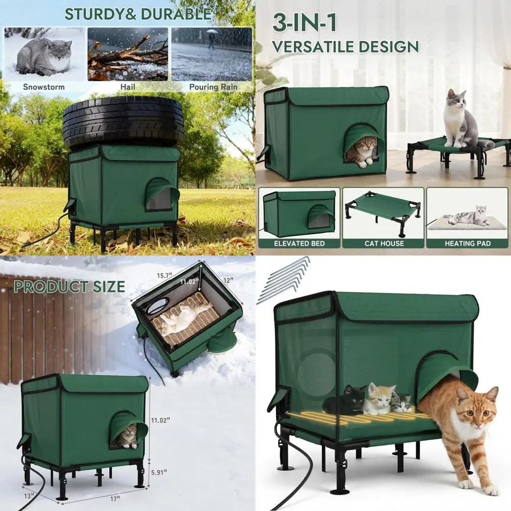 

All-Weather Insulated Outdoor Cat House with Heater, Safe Escape Door, 16.9x12.9x16.9