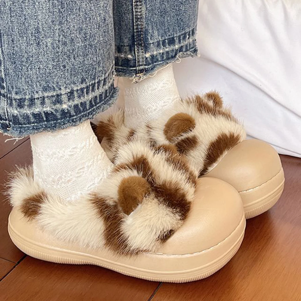 

Hairy Woman's Slippers Fashion Big Head Leopard Ears Plush Winter Shoes for Girls EVA Lightweight Warm Slippers Indoor House