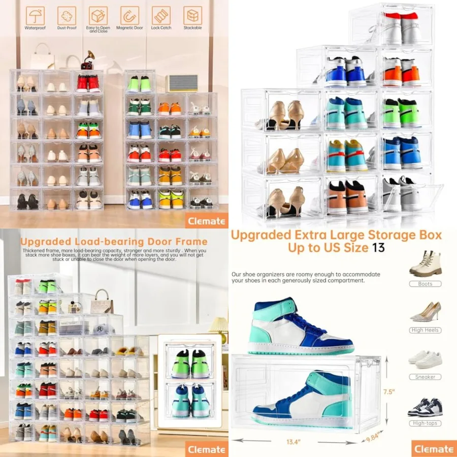 

Upgraded X-Large Shoe Organizer, Shoe Storage Organizer, 12 Pack, Shoe Box Clear Plastic Stackable, Drop Front Shoe Box with Cl