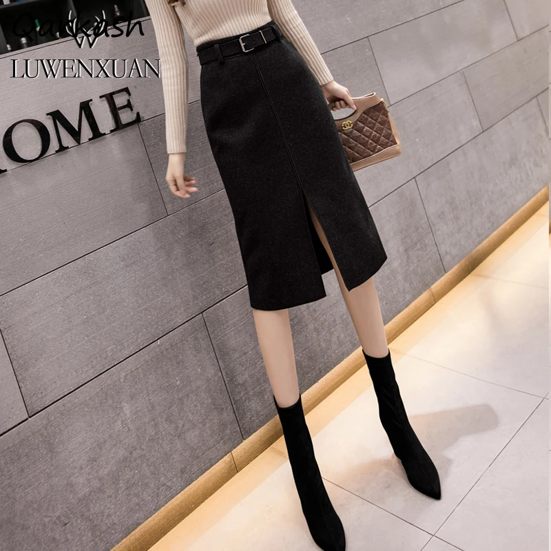 

Midi Skirts Women Loose Vintage Front-slit High Waist Fashion Office Elegant All-match Female Autumn Korean Style Streetwear New