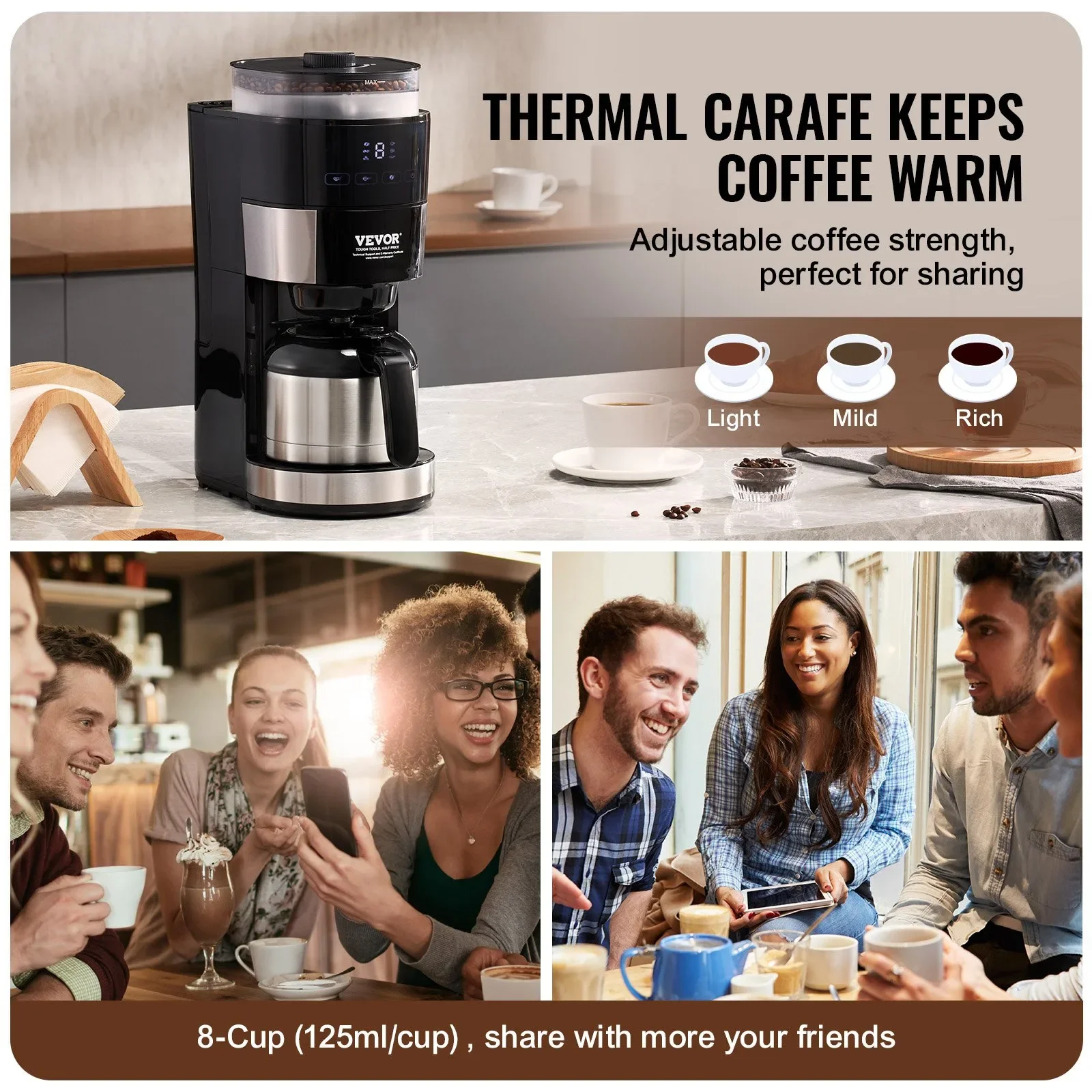 8-Cup Coffee Maker Drip Coffee Machine with 3 Brew Strength Control