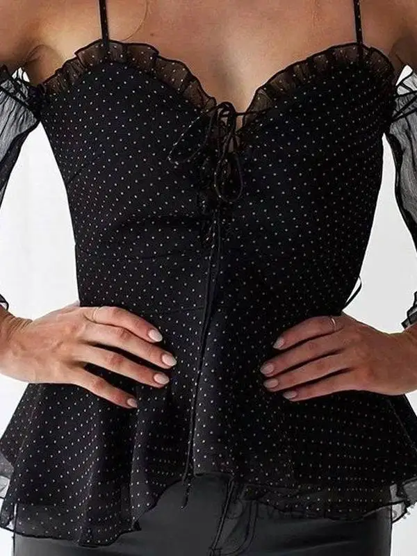 

Сексуальная женская блузка с кружевной отделкой и рюшами, длинными рукавами, из полиэстера, А-силуэт, тонкая, неэластичная, с короткими рукавами.