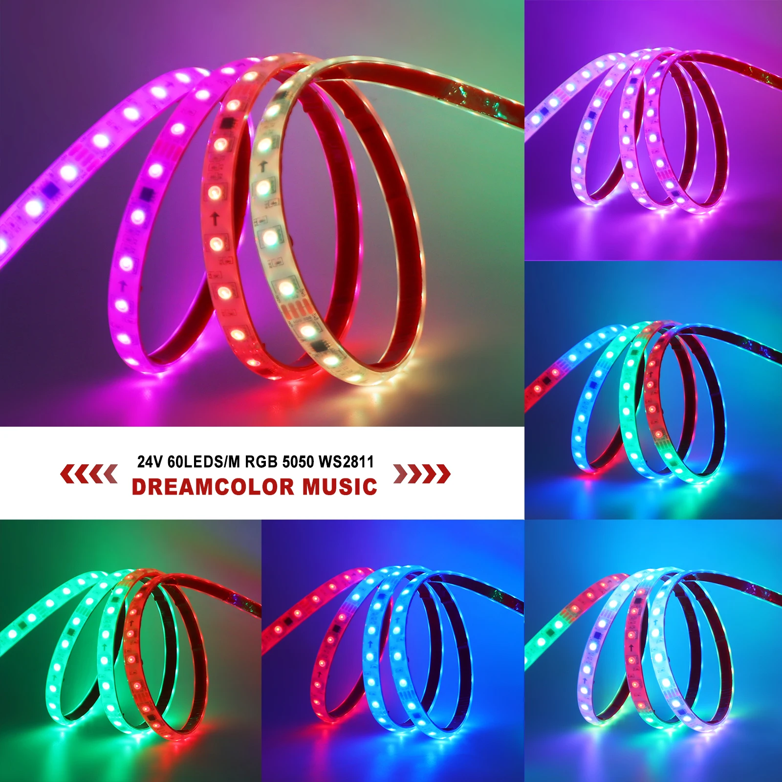 Tuya WiFi Bluetooth WS2811 Addressable 60Leds/m Dream Color 5050 RGB LED Strip Light 24V IP68 Waterproof Adhesive Led Light Tape
