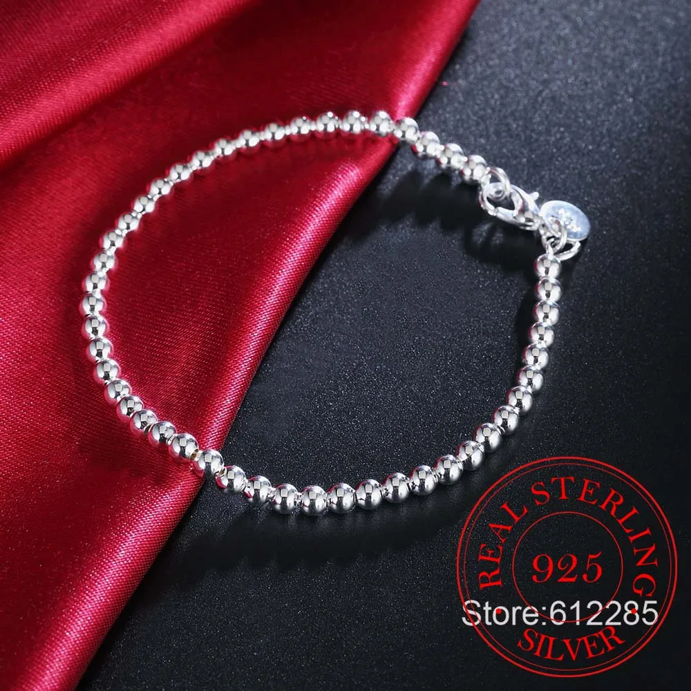 925 Sterling Silver Bead Ball Charm Bracelet 4mm 6mm 8mm 10mm Bracelet for Women Fine Jewelry for Banquet Wedding Anniversary