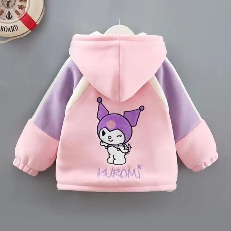 Manteau en coton Sanurgente pour fille, pull en laine épais pour enfant, mode de dessin animé Kuromi avec sac, vêtements mignons Kawaii, hiver