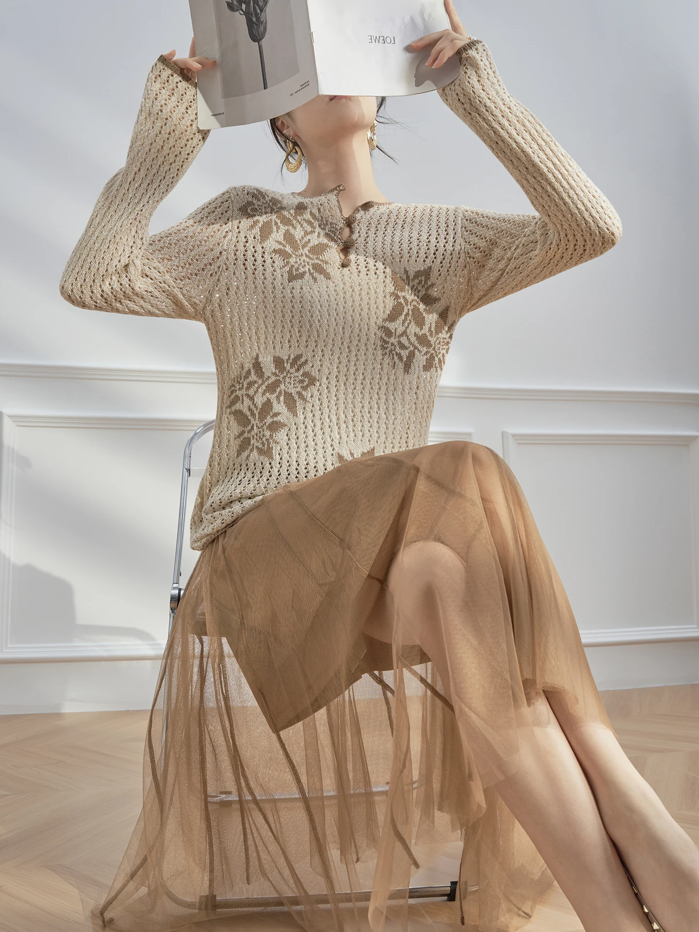 أوائل الخريف محبوك طويل Sve تي شيرت الجوف خارج الشمس حماية عادية Sle المرأة Faion مكافحة الشيخوخة الرجعية اللون بلوزة #5