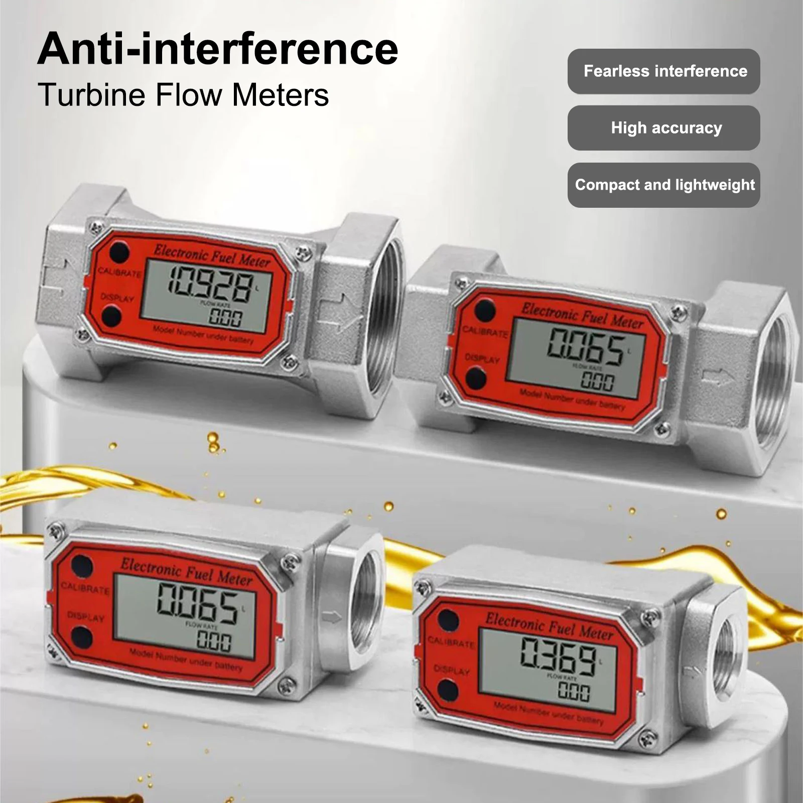 Turbine Flow Meter 1/1.5/2 inch Digital Display Electronic Flowmeter Liquid Water Meter for Diesel Kerosene Gasoline Methanol