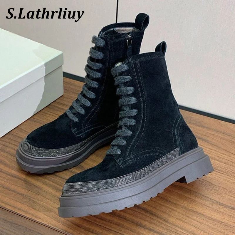 

2024 Autumn Winter Flat Thick Bottom Lace Up Riding Boots Women's Round Toe String Bead Ankle Boots British Style Short Botas