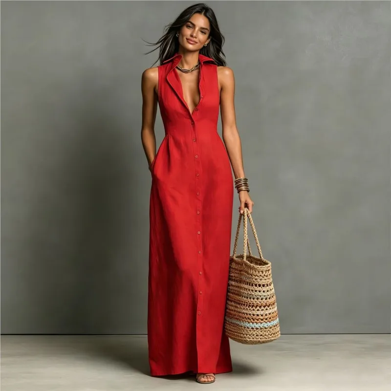 Fashion V-neck Shirt Dress Women New Slim Single Breasted Sleeveless Long Dress Female Summer Casual Party Dresses Vestidos