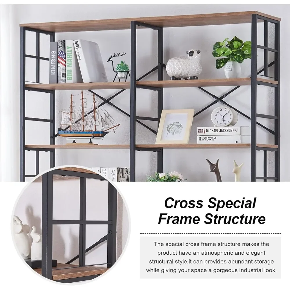 Bookcases,Industrial Bookcases Double Wide 7-Tier Bookshelf,Wood Style and Metal,Display Shelves for Living Room Home Office