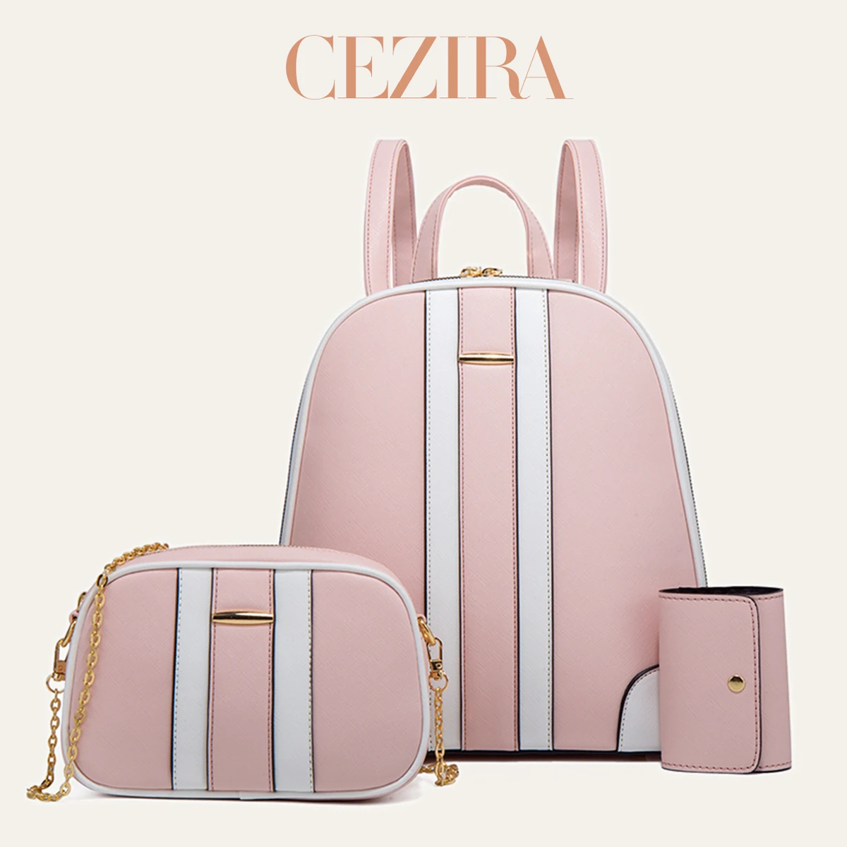 CR Fashion - Juego de Mochila con Rayas y Parches para Mujer, de Cuero Vegano PU, Bolso de Hombro, Bandolera con Tarjetero para Uso Diario y Escolar