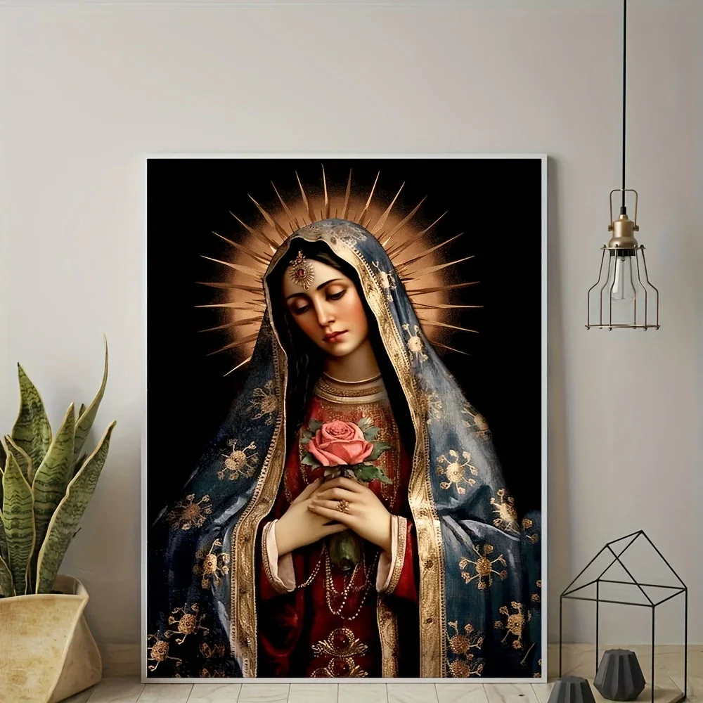 1 peinture sur toile sans cadre, affiche sur toile, Grâce divine, Vierge Marie avec rose rose et soleil doré, impression sur toile, décoration de chambre, décoration intérieure