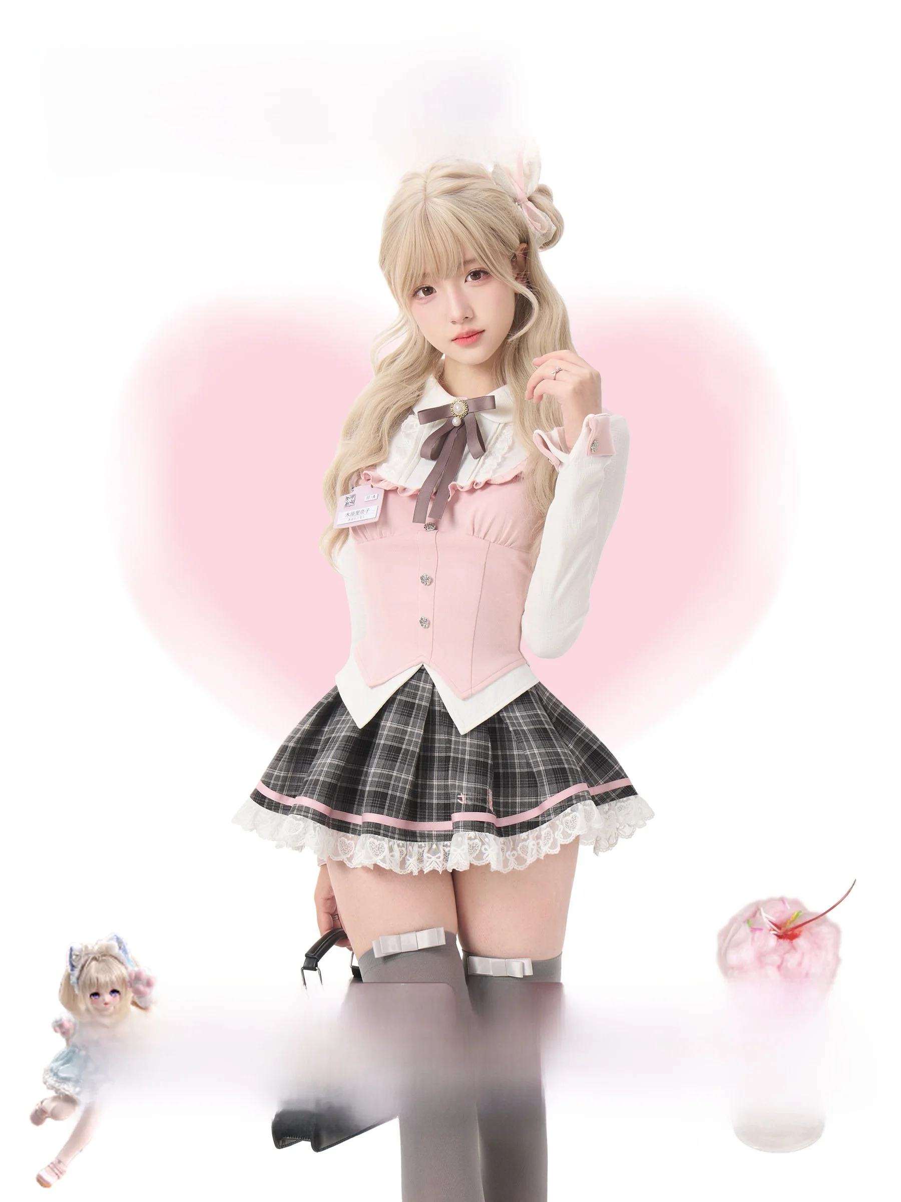 

Preppy Sle Fake Two-Piece irt with Bowtie And Plaid Skirt School orm Sakura Academy Girl's Long Sve Doll Collar irt