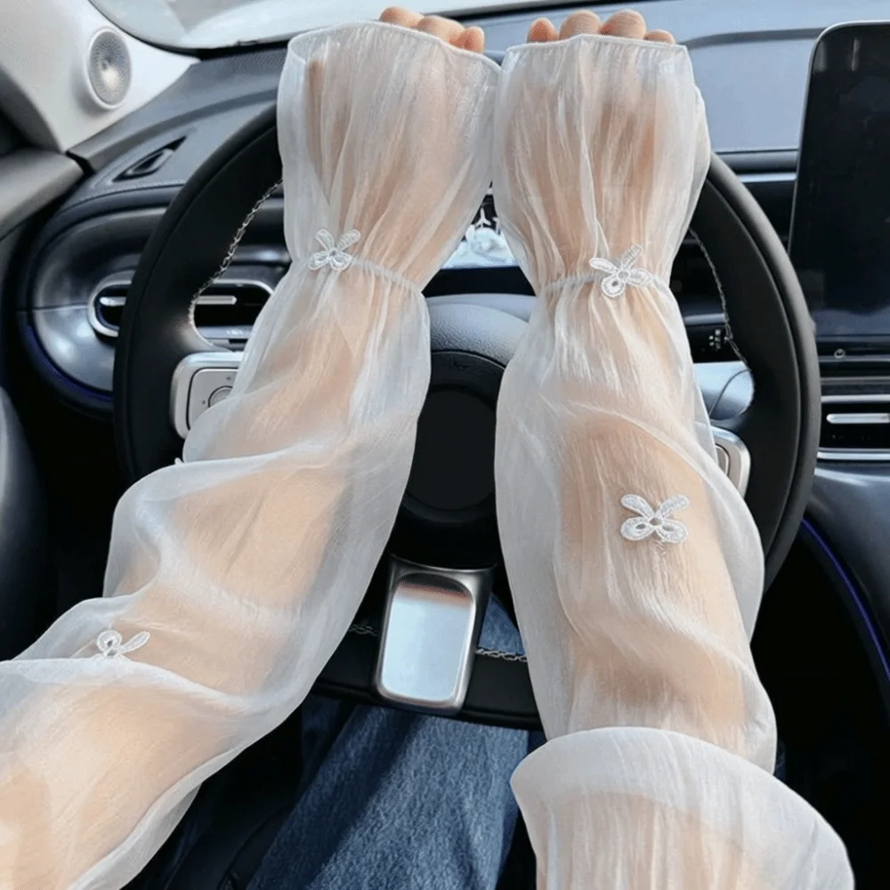 1 Pair Wide Fairy Style Arm Cover UV Resistant Breathable Ice Silk Sunscreen Sleeves Cooling Bow Ice Sleeves Sun Protection