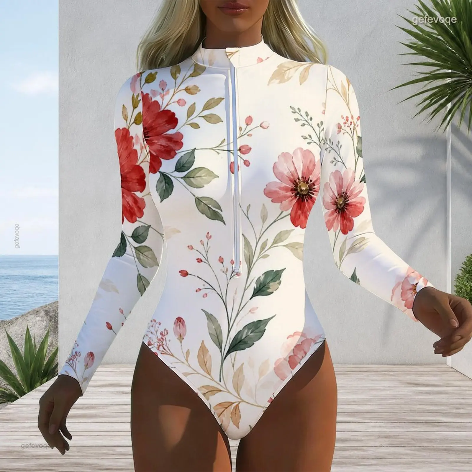 High Neck Front Zip Long Sleeve One Piece Printed Swimsuit for Women
