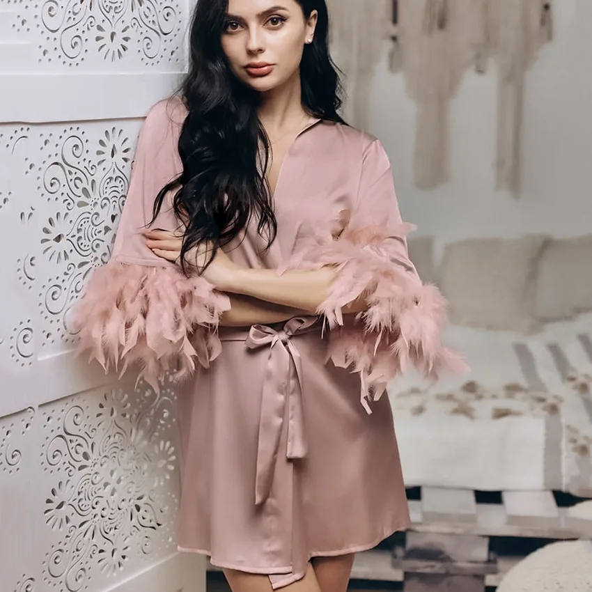 Feather Robe Gown Women Patchwork Kimono Bathrobe Nightgown Satin Sexy Sleepdress V-Neck Short Loungewear Bridal Nightdress