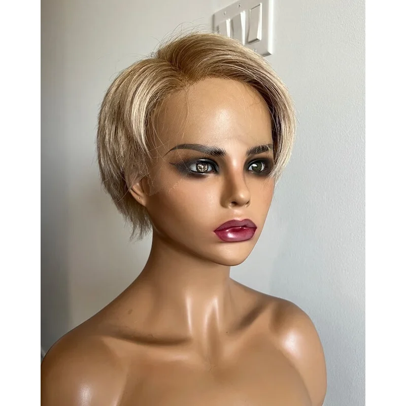 100% Virgin  Hair Wigs Blonde with Dark Blonde Lace Front Pixie Wigs