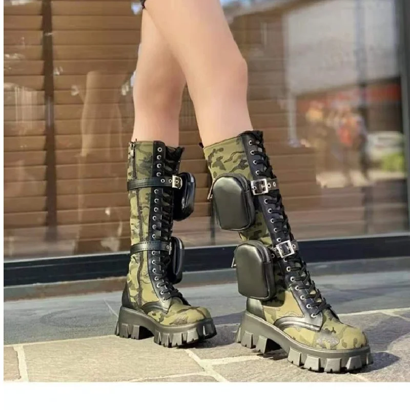 New Camouflage Boots For Foreign Trade Size 35-43 Women\'s Thick Soles Long Boots Pockets Fashionable Street Boots Women\'s