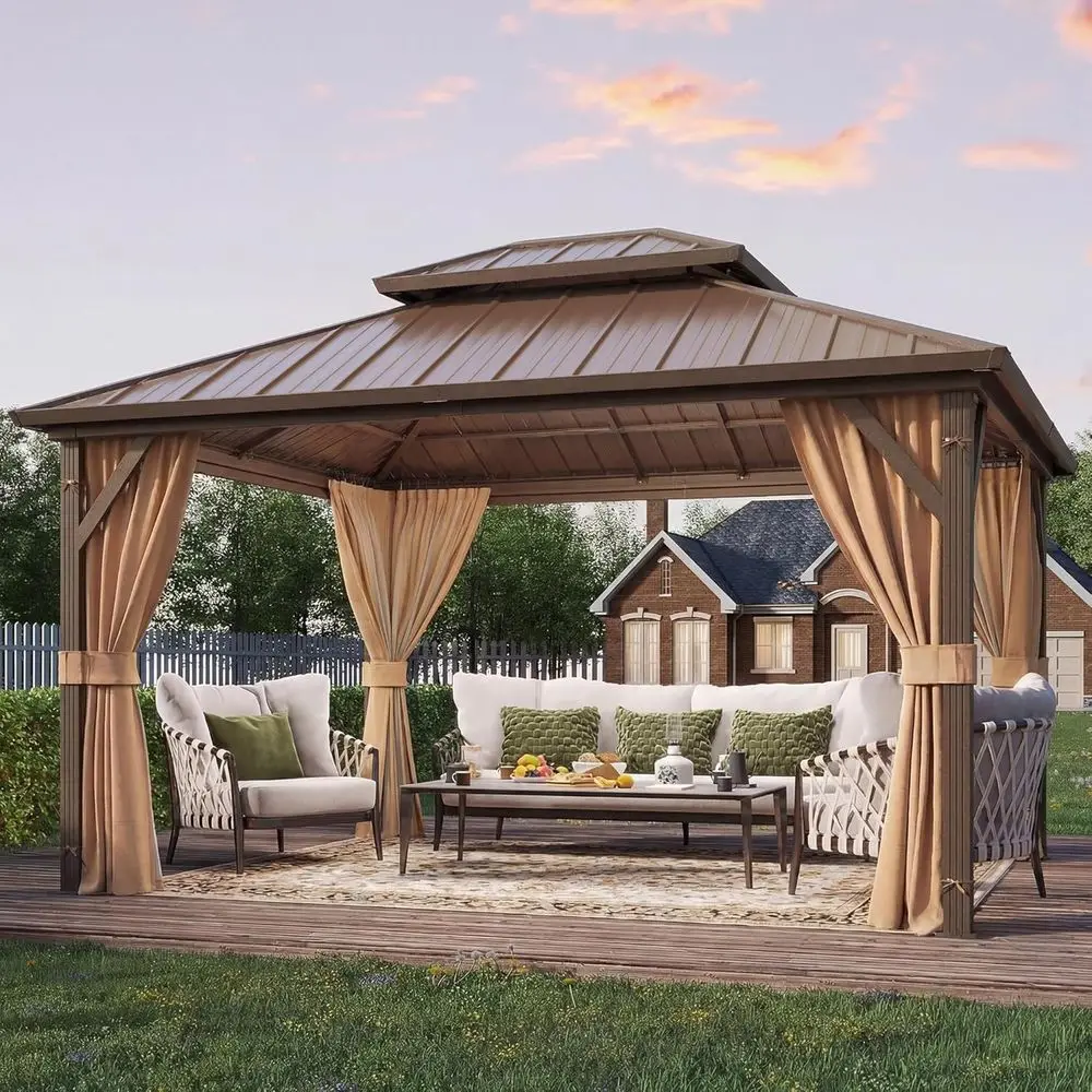

10' x 12' Hardtop Gazebo, Metal Gazebo with e, Double Galvanized Steel Roo, Curtains and Netting Included, Pergolas or Patios, G