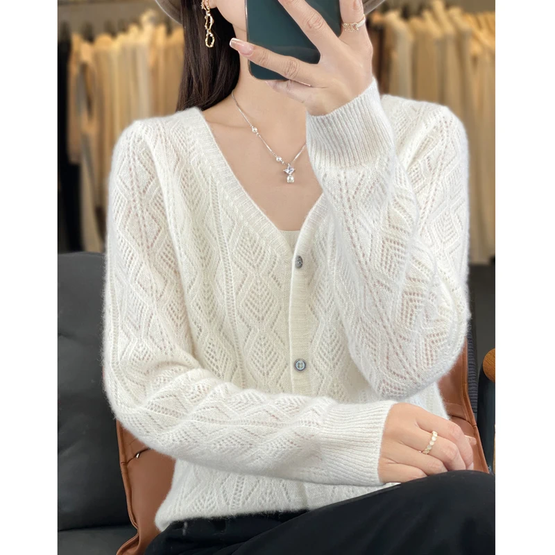 WOTEEWS  New cardigan wool women\'s V-neck sweater solid color knitted hollow out women\'s long sleeved sweater thin summer jacket