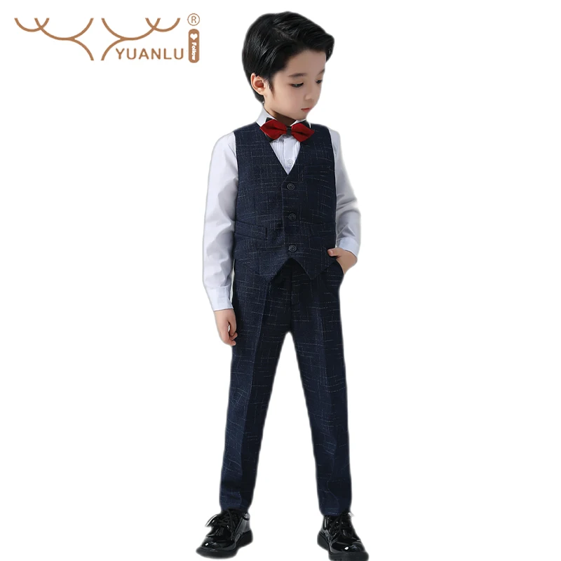 Spring Autumn 4Pcs Suits for Boys for Host Wedding Vest Shirts Pants Bow Tie Children's Clothing for Boy for Party New Fashion